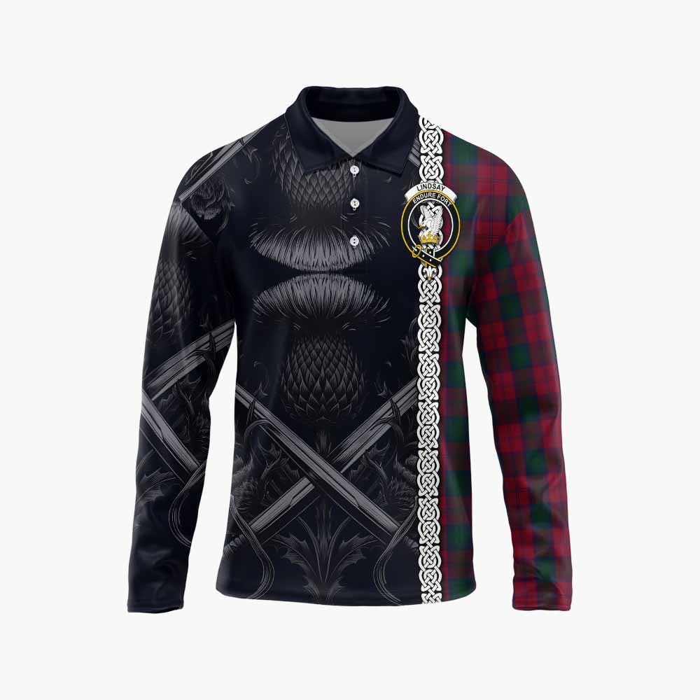 Tartan Vibes Clothing Lindsay Tartan Long Sleeve Polo Shirt with Family Crest Cross Sword Thistle Celtic Vibes