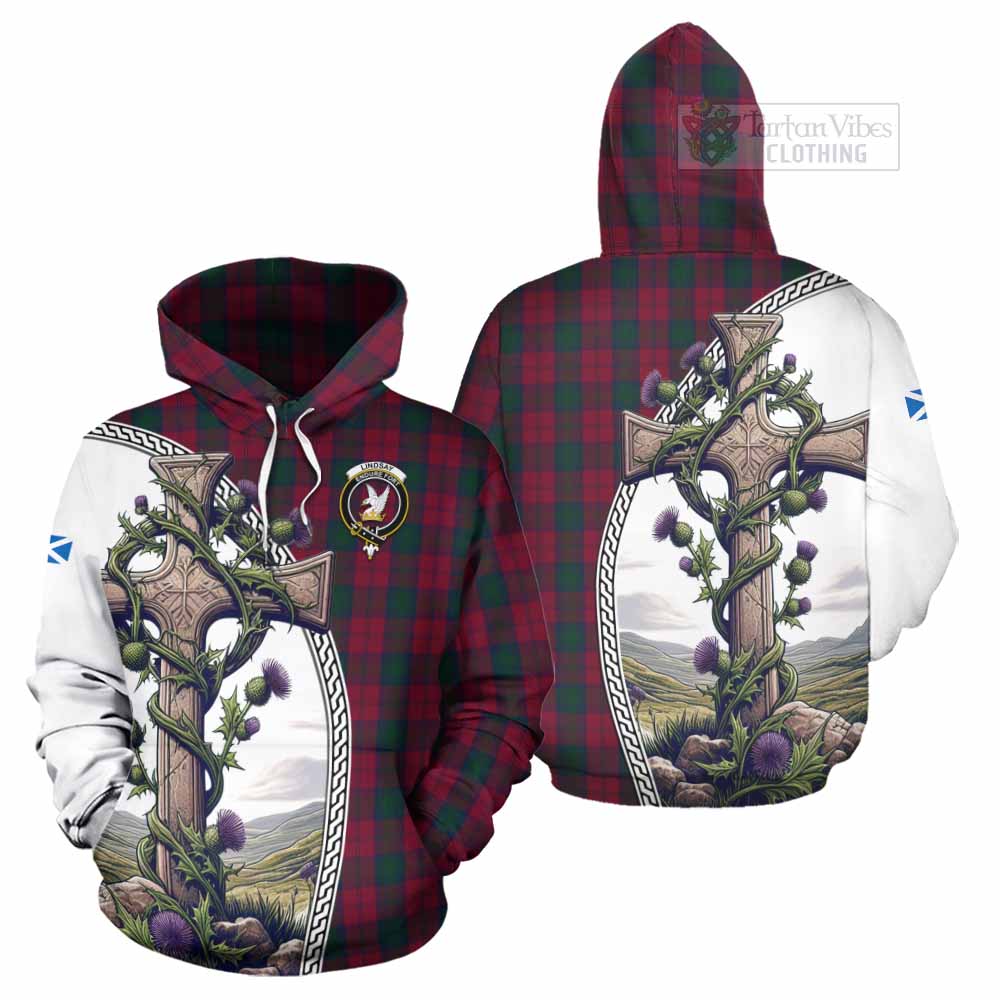 Tartan Vibes Clothing Lindsay Tartan Hoodie with Family Crest and St. Andrew's Cross Accented by Thistle Vines