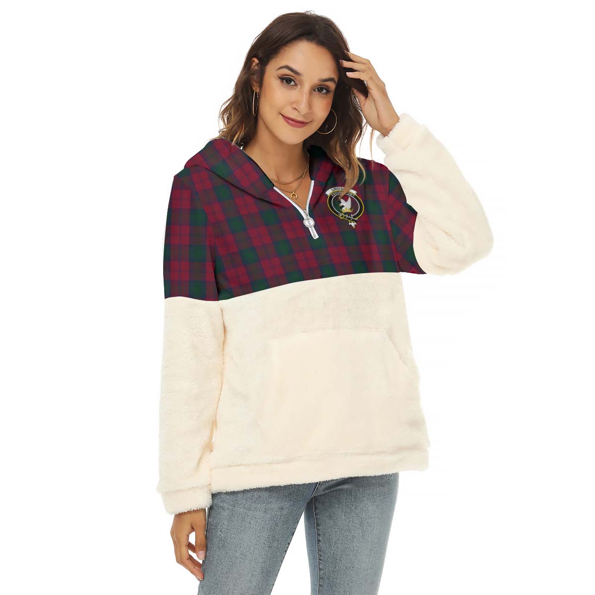 Lindsay Tartan Women's Borg Fleece Hoodie With Half Zip with Family Crest Female - Tartan Vibes Clothing