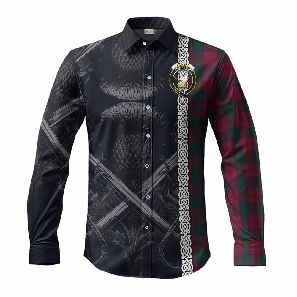 Tartan Vibes Clothing Lindsay Tartan Long Sleeve Button Shirt with Family Crest Cross Sword Thistle Celtic Vibes