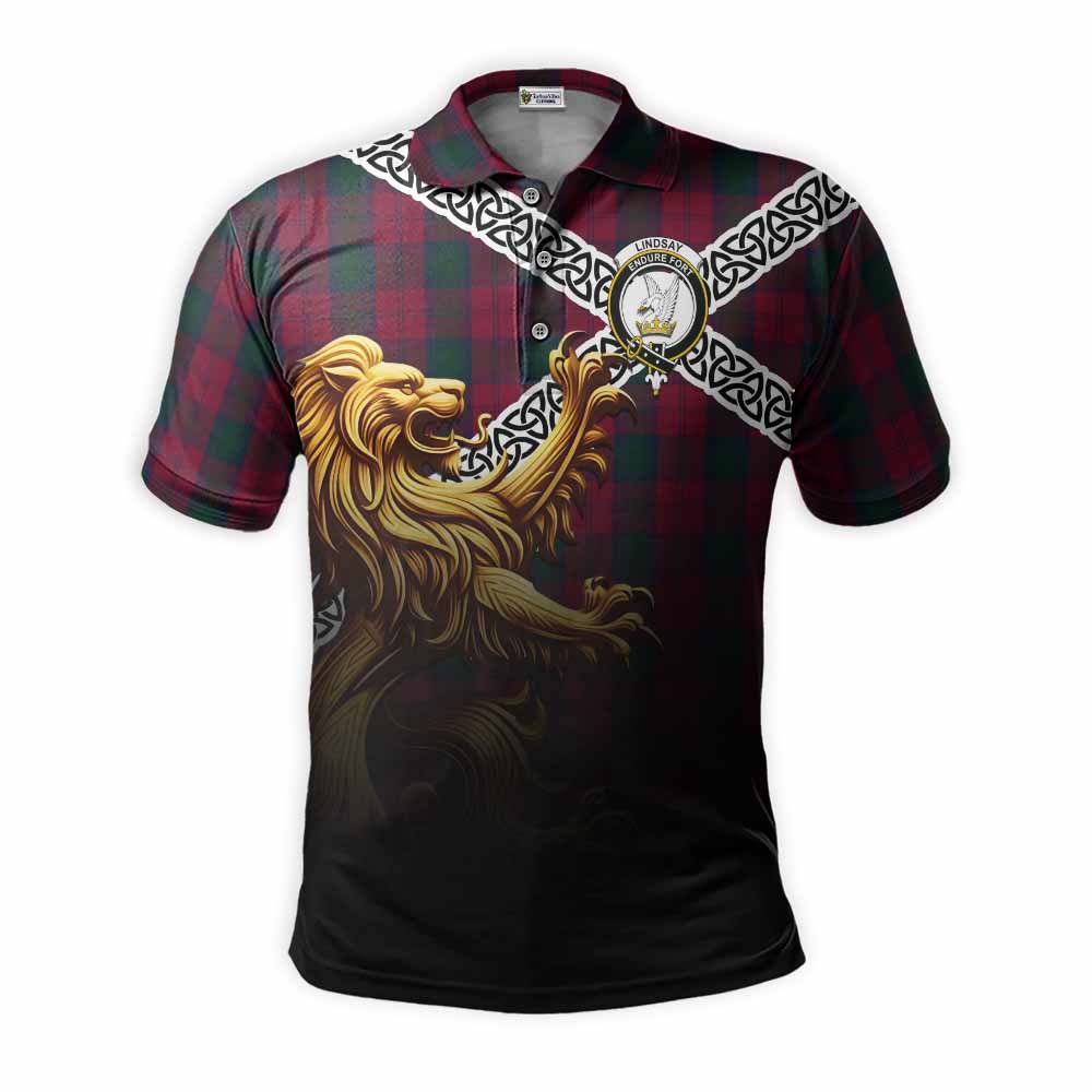Tartan Vibes Clothing Lindsay Crest Tartan Polo Shirt with Golden Lion Emblem Celtic Style