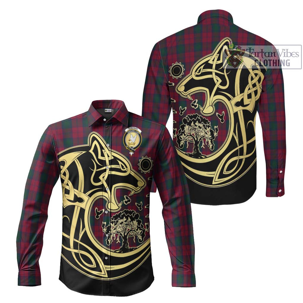 Lindsay Tartan Long Sleeve Button Shirt with Family Crest Celtic Wolf Style Men's Shirt S - Tartan Vibes Clothing