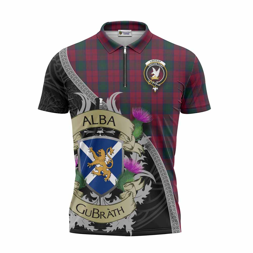 Tartan Vibes Clothing Lindsay Tartan Family Crest Zipper Polo Shirt Lion Rampant Royal Thistle Shield Celtic Inspired