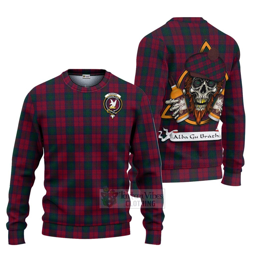 Tartan Vibes Clothing Lindsay Tartan Knitted Sweater with Family Crest and Bearded Skull Holding Bottles of Whiskey