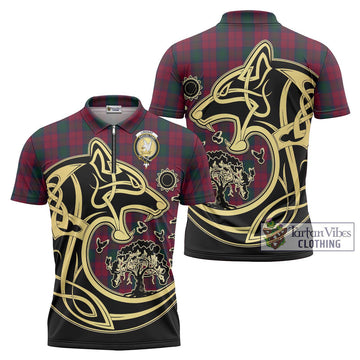 Lindsay Tartan Zipper Polo Shirt with Family Crest Celtic Wolf Style