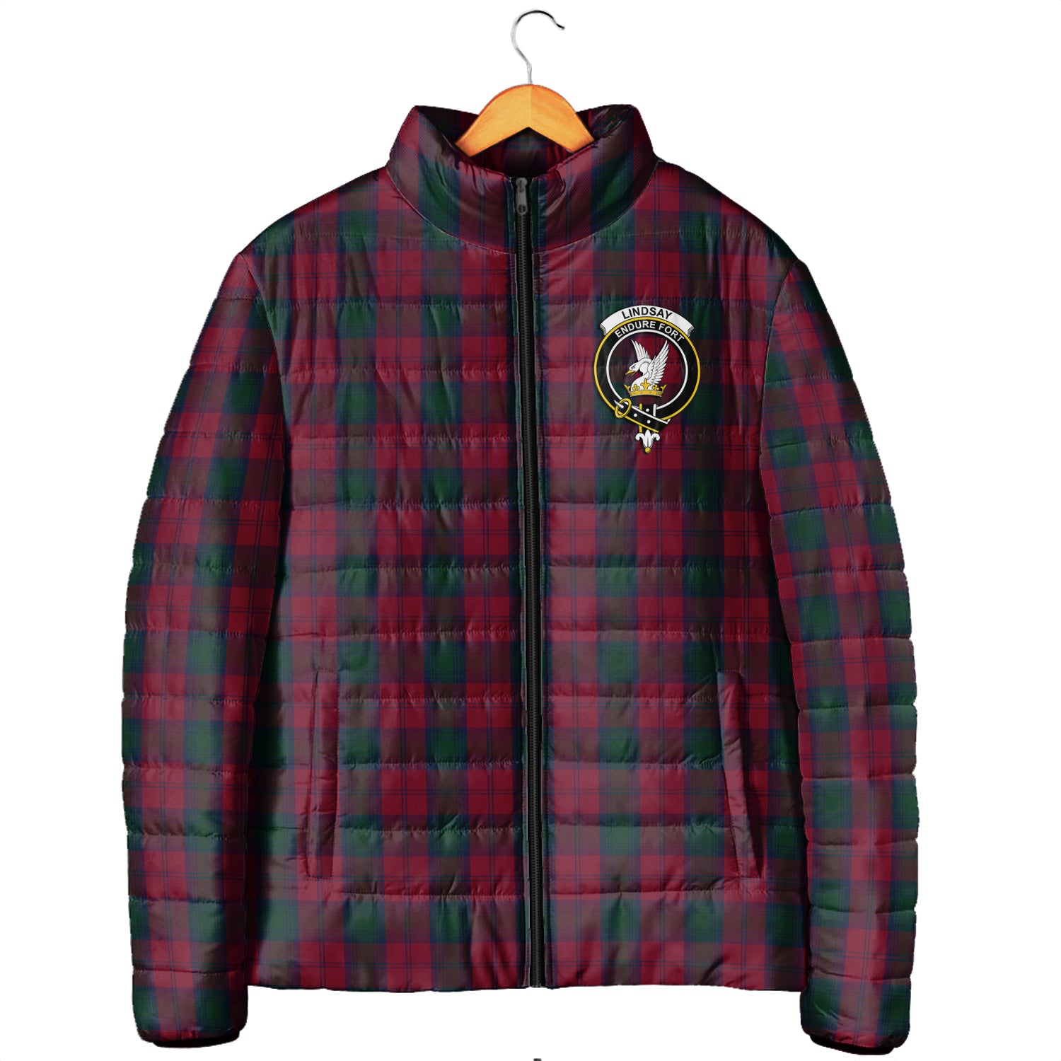 Lindsay Tartan Padded Jacket with Family Crest Men's Padded Jacket - Tartan Vibes Clothing