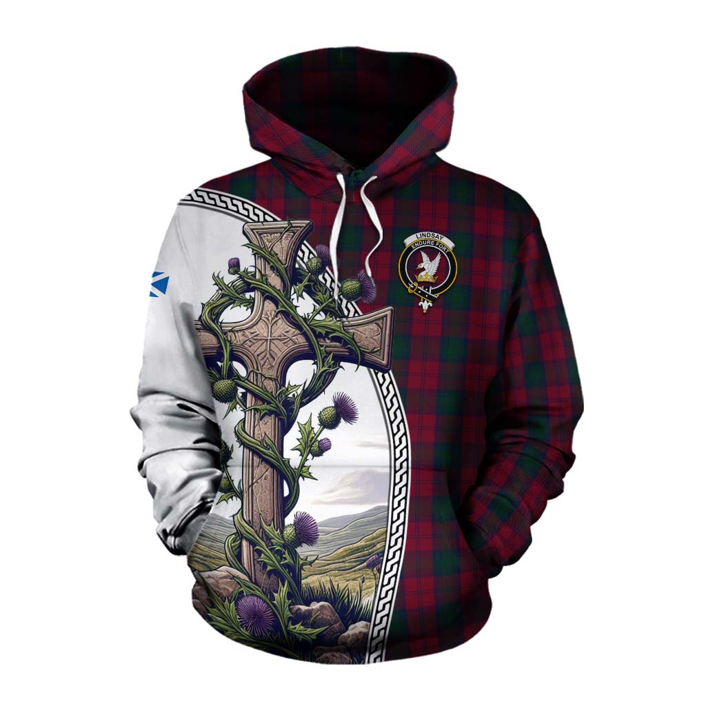 Tartan Vibes Clothing Lindsay Tartan Cotton Hoodie with Family Crest and St. Andrew's Cross Accented by Thistle Vines
