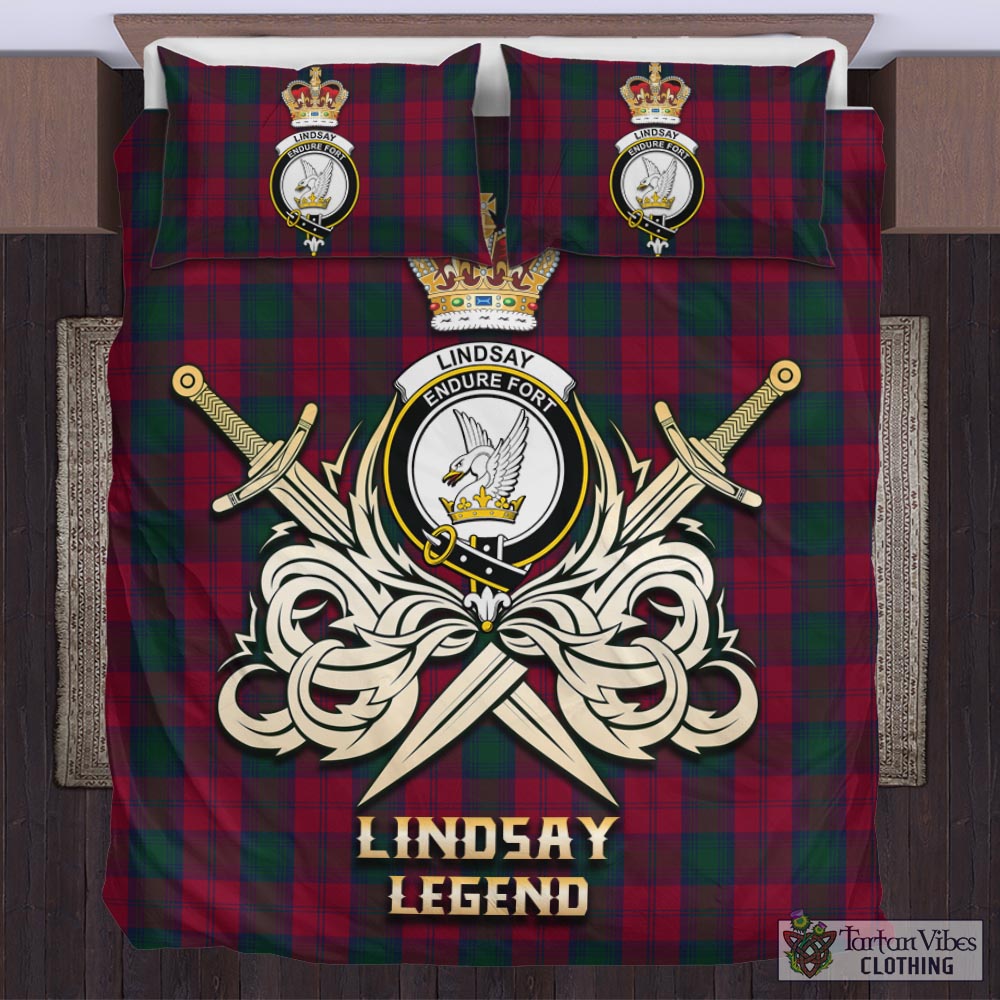 Tartan Vibes Clothing Lindsay Tartan Bedding Set with Clan Crest and the Golden Sword of Courageous Legacy