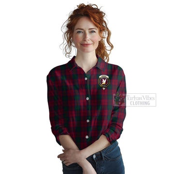 Tartan Vibes Clothing Lindsay Tartan Women's Casual Shirt with Family Crest and Bearded Skull Holding Bottles of Whiskey