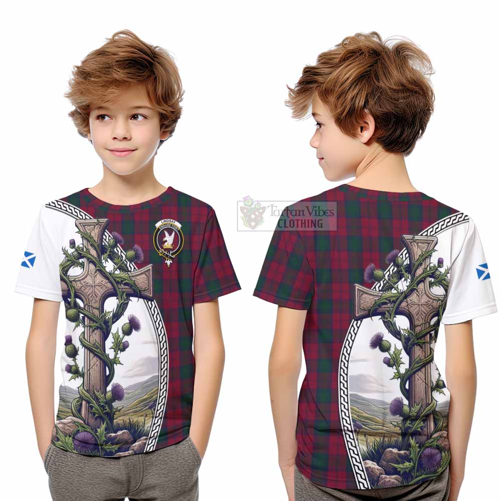Tartan Vibes Clothing Lindsay Tartan Kid T-Shirt with Family Crest and St. Andrew's Cross Accented by Thistle Vines