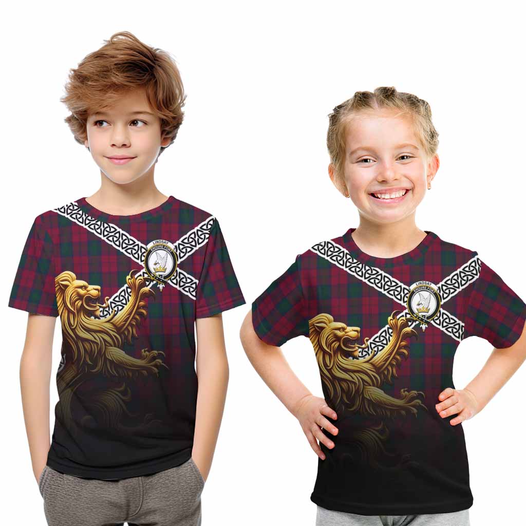 Tartan Vibes Clothing Lindsay Crest Tartan Kid T-Shirt with Golden Lion Emblem Celtic Style