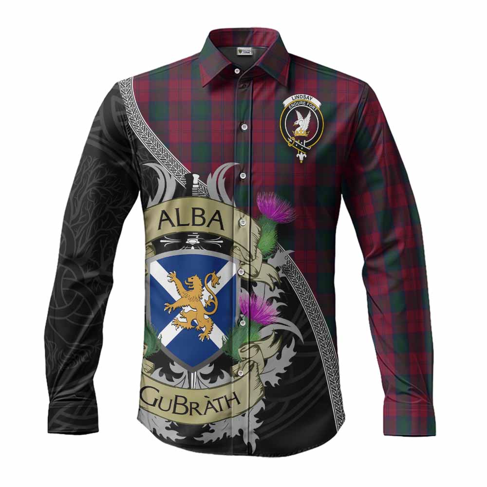 Tartan Vibes Clothing Lindsay Tartan Family Crest Long Sleeve Button Shirt Lion Rampant Royal Thistle Shield Celtic Inspired
