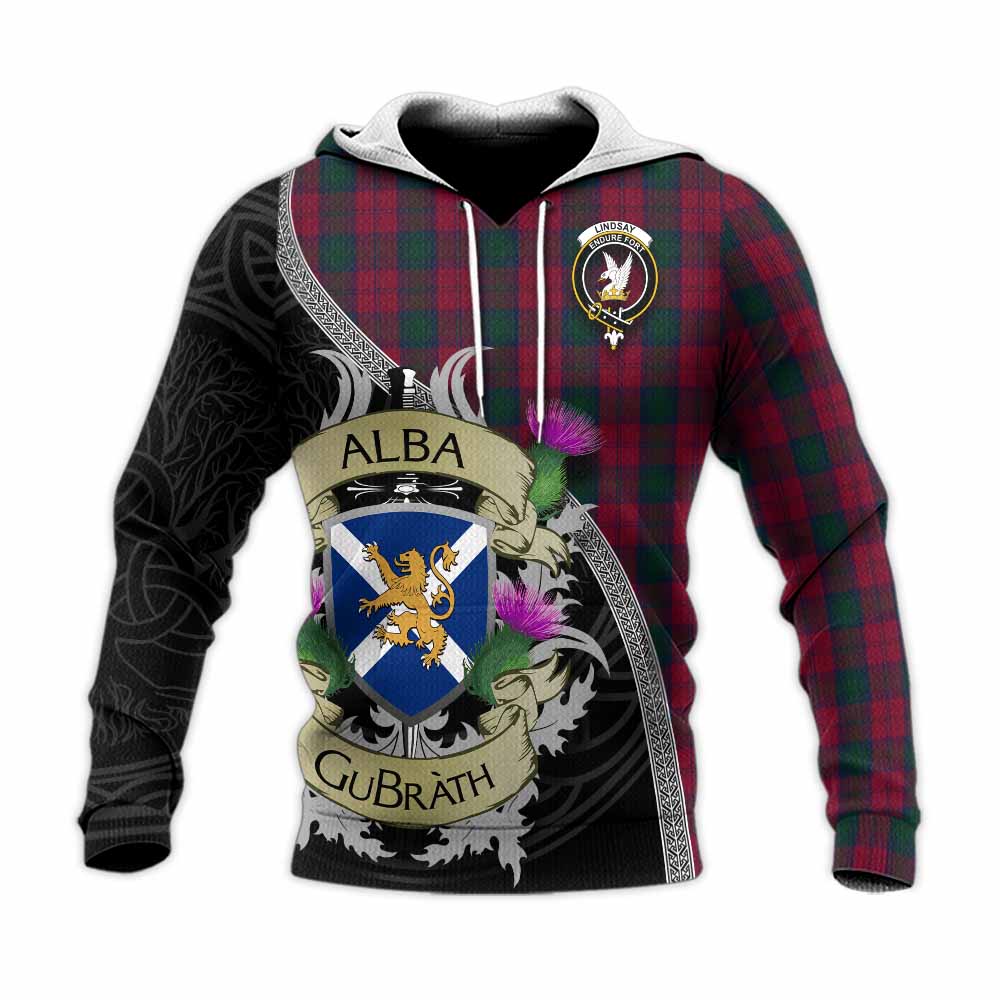 Tartan Vibes Clothing Lindsay Tartan Family Crest Knitted Hoodie Lion Rampant Royal Thistle Shield Celtic Inspired
