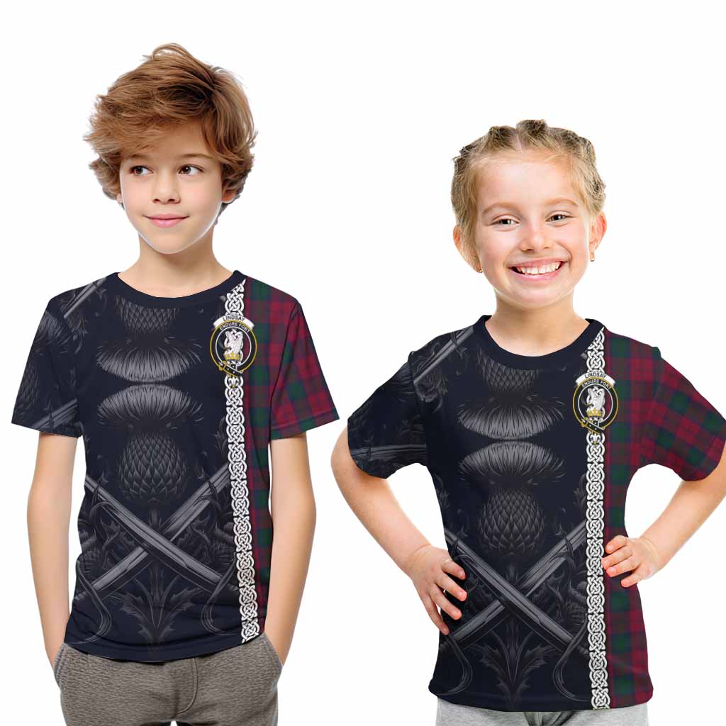 Tartan Vibes Clothing Lindsay Tartan Kid T-Shirt with Family Crest Cross Sword Thistle Celtic Vibes