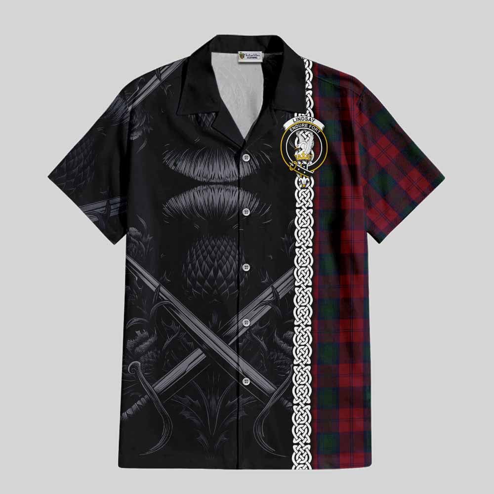 Tartan Vibes Clothing Lindsay Tartan Short Sleeve Button Shirt with Family Crest Cross Sword Thistle Celtic Vibes