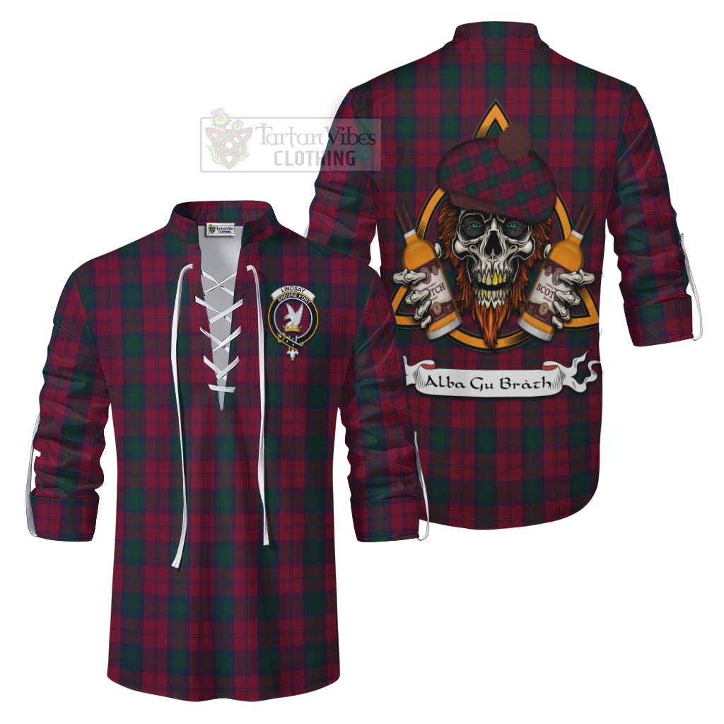 Tartan Vibes Clothing Lindsay Tartan Ghillie Kilt Shirt with Family Crest and Bearded Skull Holding Bottles of Whiskey