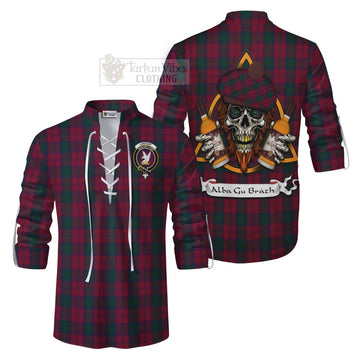 Tartan Vibes Clothing Lindsay Tartan Ghillie Kilt Shirt with Family Crest and Bearded Skull Holding Bottles of Whiskey