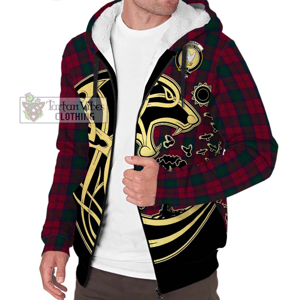 Lindsay Tartan Sherpa Hoodie with Family Crest Celtic Wolf Style Unisex S - Tartan Vibes Clothing