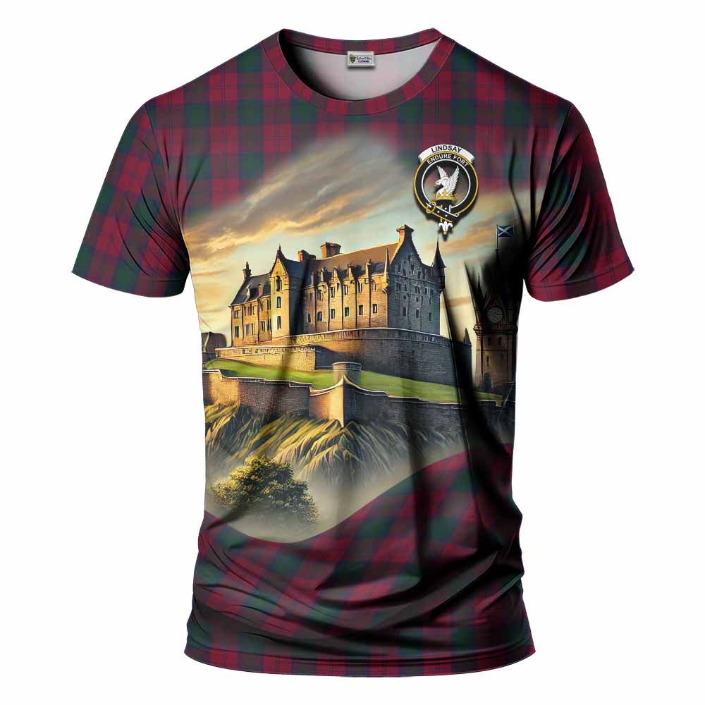 Tartan Vibes Clothing Lindsay Tartan Family Crest T-Shirt with Scottish Ancient Castle Stype