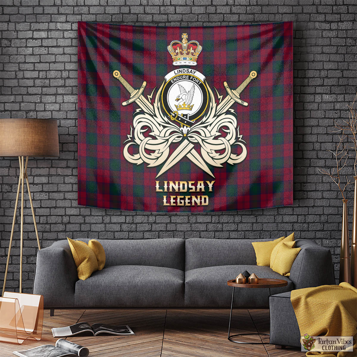 Tartan Vibes Clothing Lindsay Tartan Tapestry with Clan Crest and the Golden Sword of Courageous Legacy
