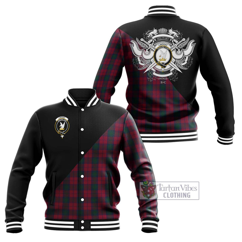 Lindsay Tartan Baseball Jacket with Family Crest and Military Logo Style Unisex - Tartanvibesclothing Shop