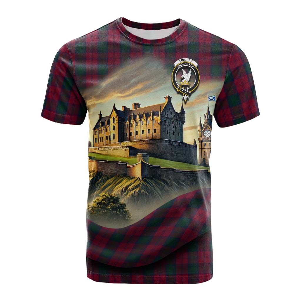 Tartan Vibes Clothing Lindsay Tartan Family Crest Cotton T-shirt with Scottish Ancient Castle Style