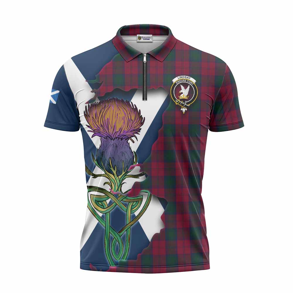 Tartan Vibes Clothing Lindsay Tartan Family Crest Zipper Polo Shirt Scottish Thistle Celtic Inspired