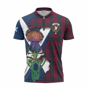 Lindsay Tartan Family Crest Zipper Polo Shirt Scottish Thistle Celtic Inspired