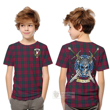 Tartan Vibes Clothing Lindsay Tartan Kid T-Shirt with Family Crest Celtic Skull Style