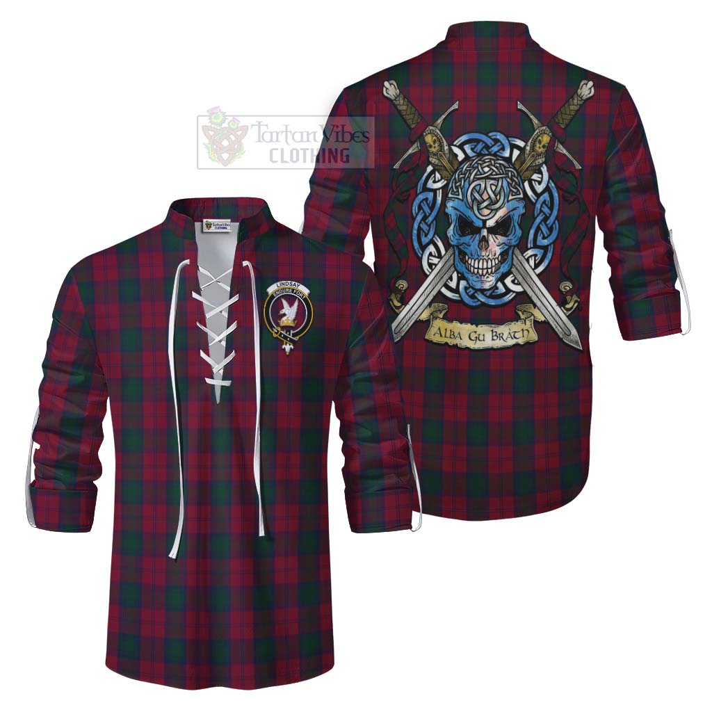 Tartan Vibes Clothing Lindsay Tartan Ghillie Kilt Shirt with Family Crest Celtic Skull Style