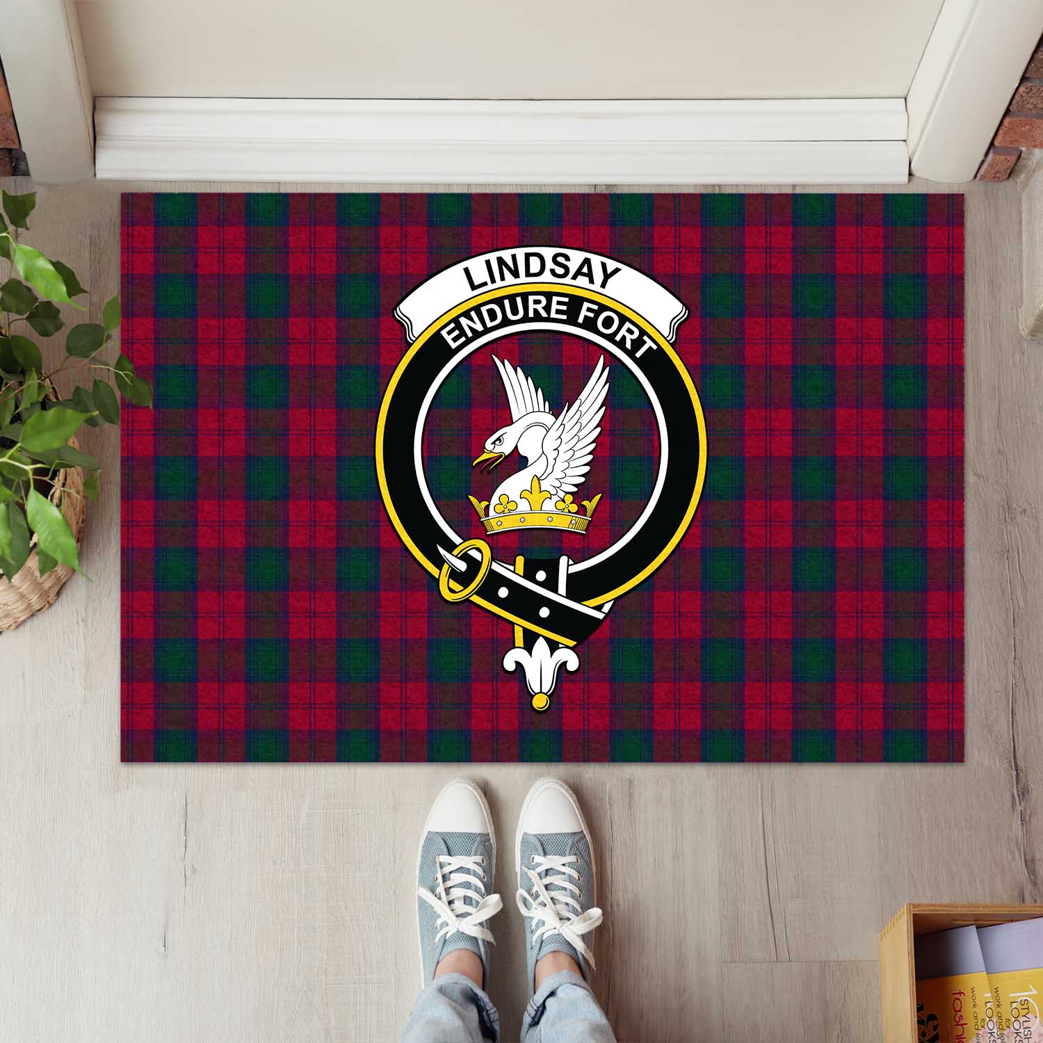 Lindsay Tartan Door Mat with Family Crest - Tartanvibesclothing