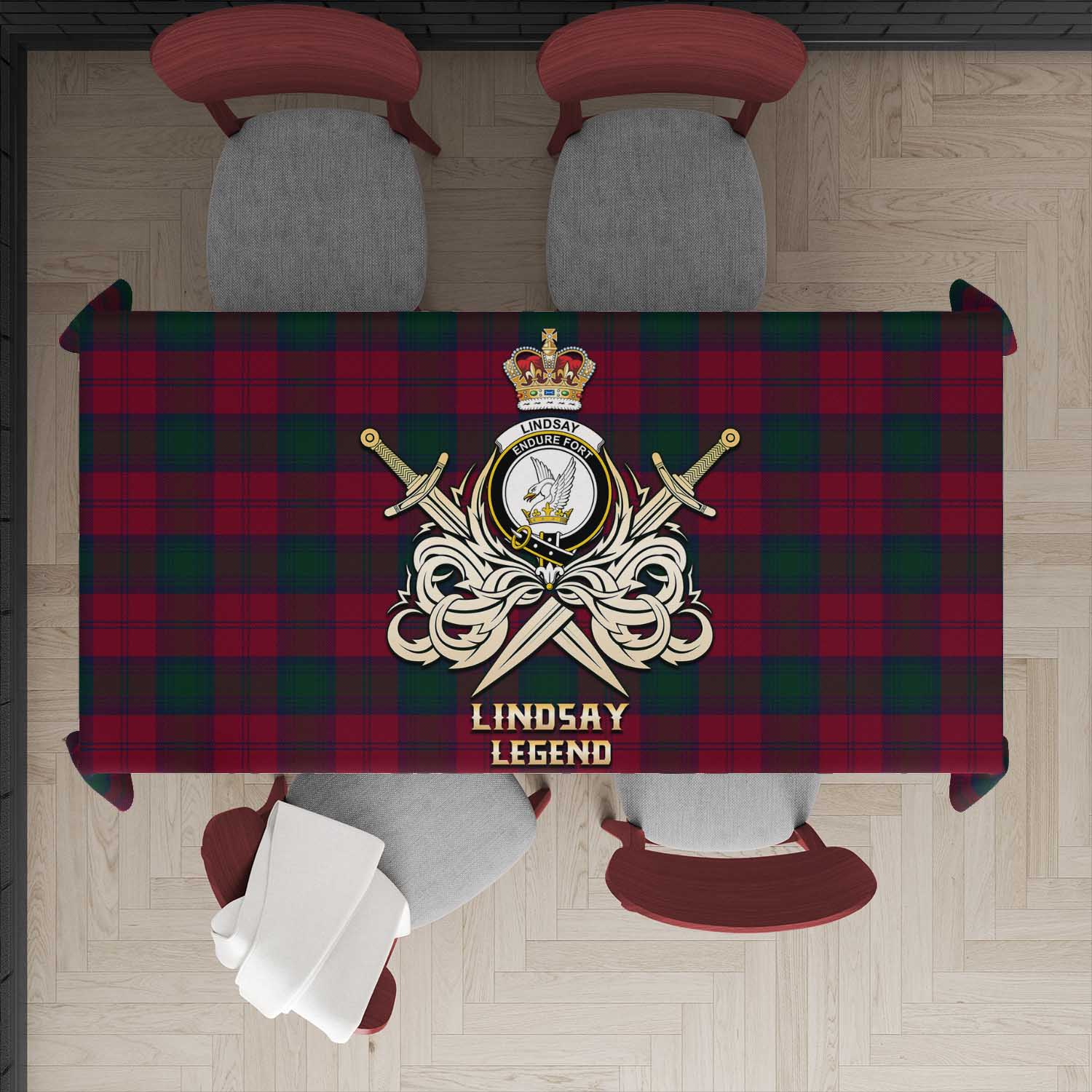 Tartan Vibes Clothing Lindsay Tartan Tablecloth with Clan Crest and the Golden Sword of Courageous Legacy