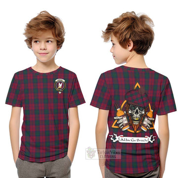 Tartan Vibes Clothing Lindsay Tartan Kid T-Shirt with Family Crest and Bearded Skull Holding Bottles of Whiskey