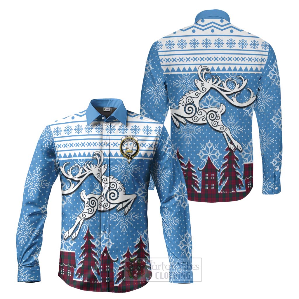 Tartan Vibes Clothing Lindsay Clan Christmas Long Sleeve Button Shirt Celtic Reindeer Style
