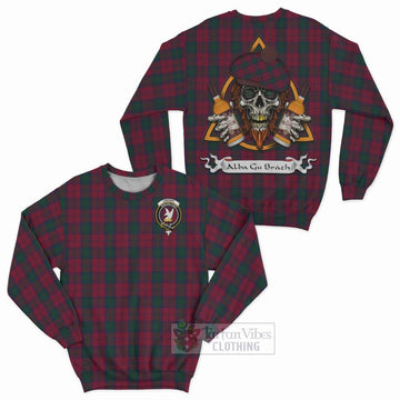 Tartan Vibes Clothing Lindsay Tartan Sweatshirt with Family Crest and Bearded Skull Holding Bottles of Whiskey