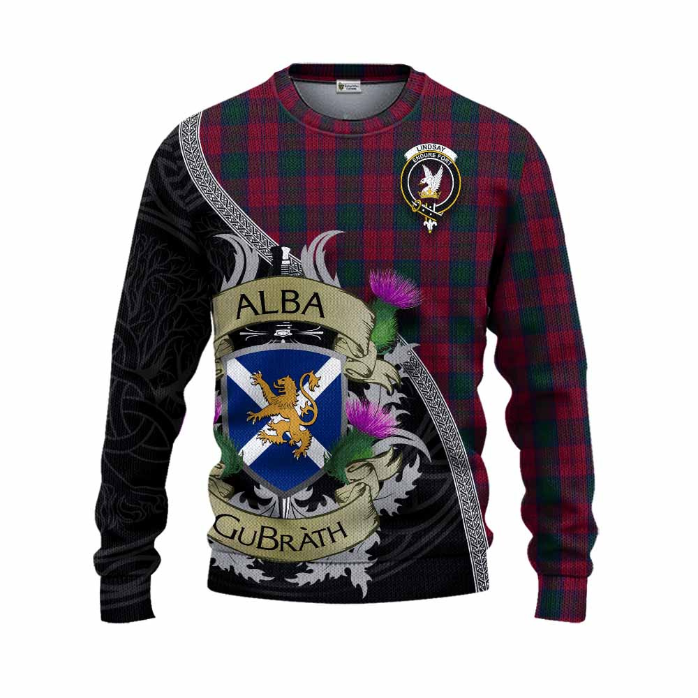 Tartan Vibes Clothing Lindsay Tartan Family Crest Knitted Sweater Lion Rampant Royal Thistle Shield Celtic Inspired