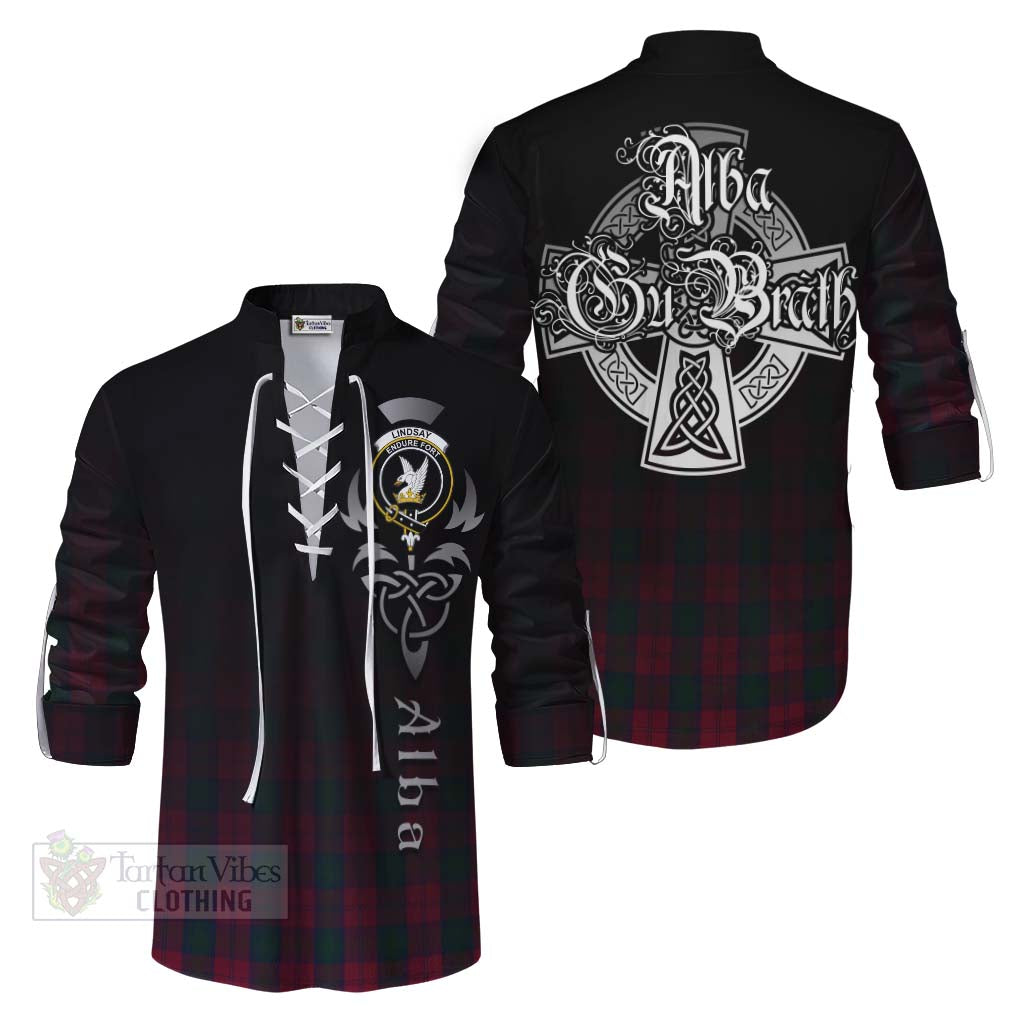 Tartan Vibes Clothing Lindsay Tartan Ghillie Kilt Shirt Featuring Alba Gu Brath Family Crest Celtic Inspired