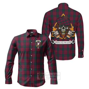 Lindsay Tartan Long Sleeve Button Shirt with Family Crest and Bearded Skull Holding Bottles of Whiskey