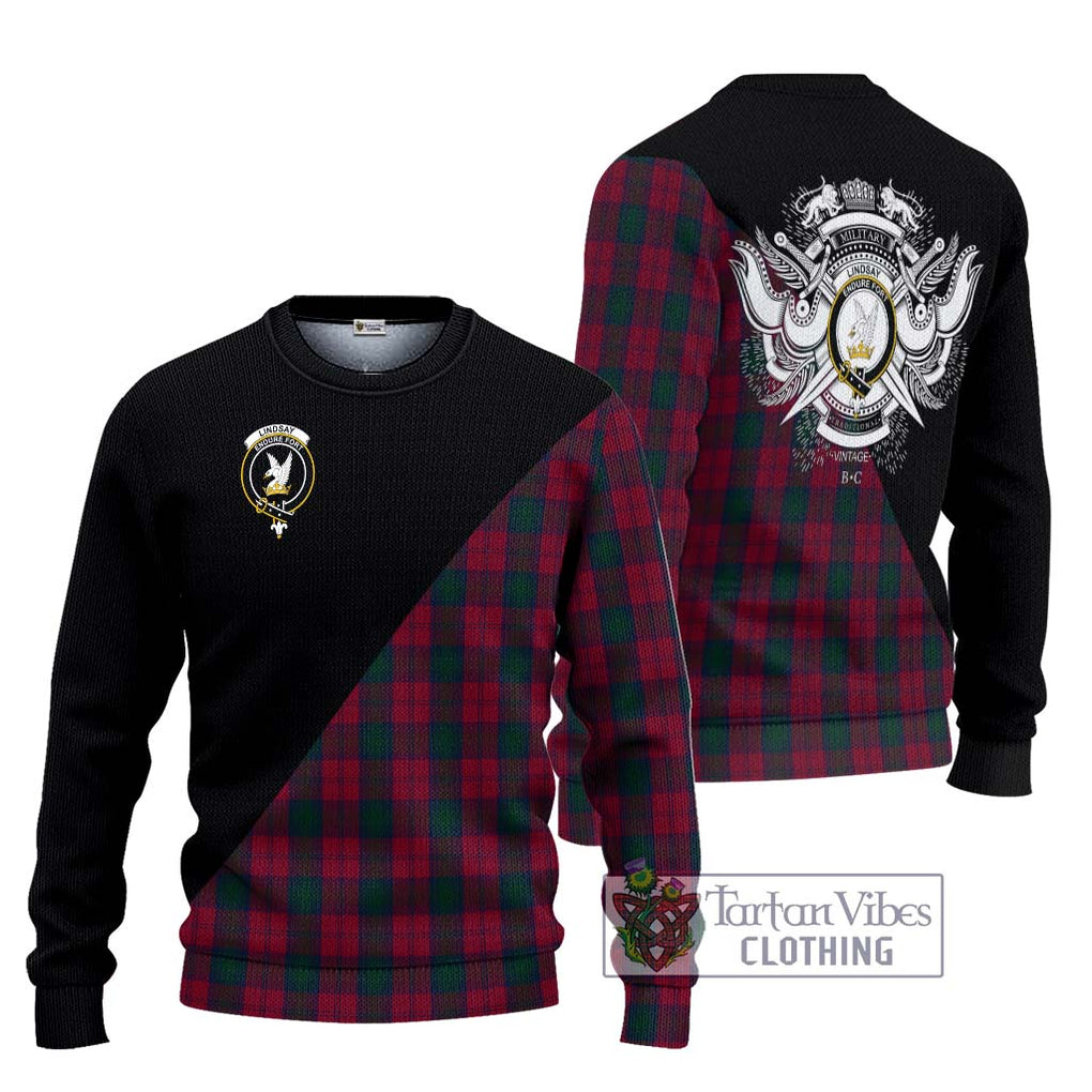 Lindsay Tartan Knitted Sweater with Family Crest and Military Logo Style Unisex - Tartanvibesclothing Shop