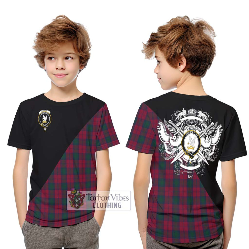 Lindsay Tartan Kid T-Shirt with Family Crest and Military Logo Style Youth XL Size14 - Tartanvibesclothing Shop