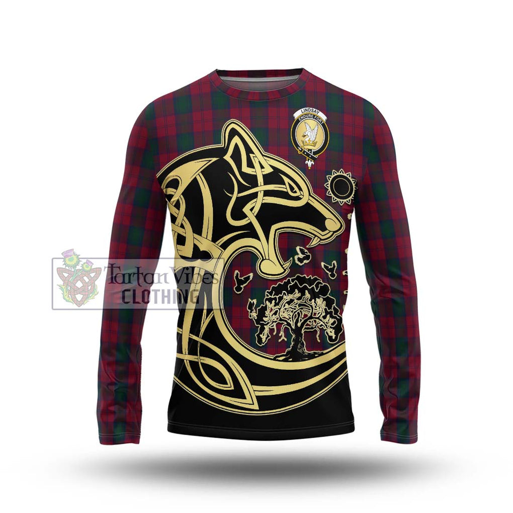 Lindsay Tartan Long Sleeve T-Shirt with Family Crest Celtic Wolf Style Unisex - Tartan Vibes Clothing