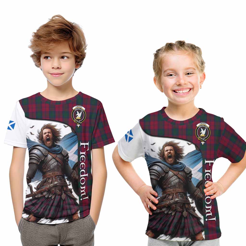 Tartan Vibes Clothing Lindsay Crest Tartan Kid T-Shirt Inspired by the Freedom of Scottish Warrior