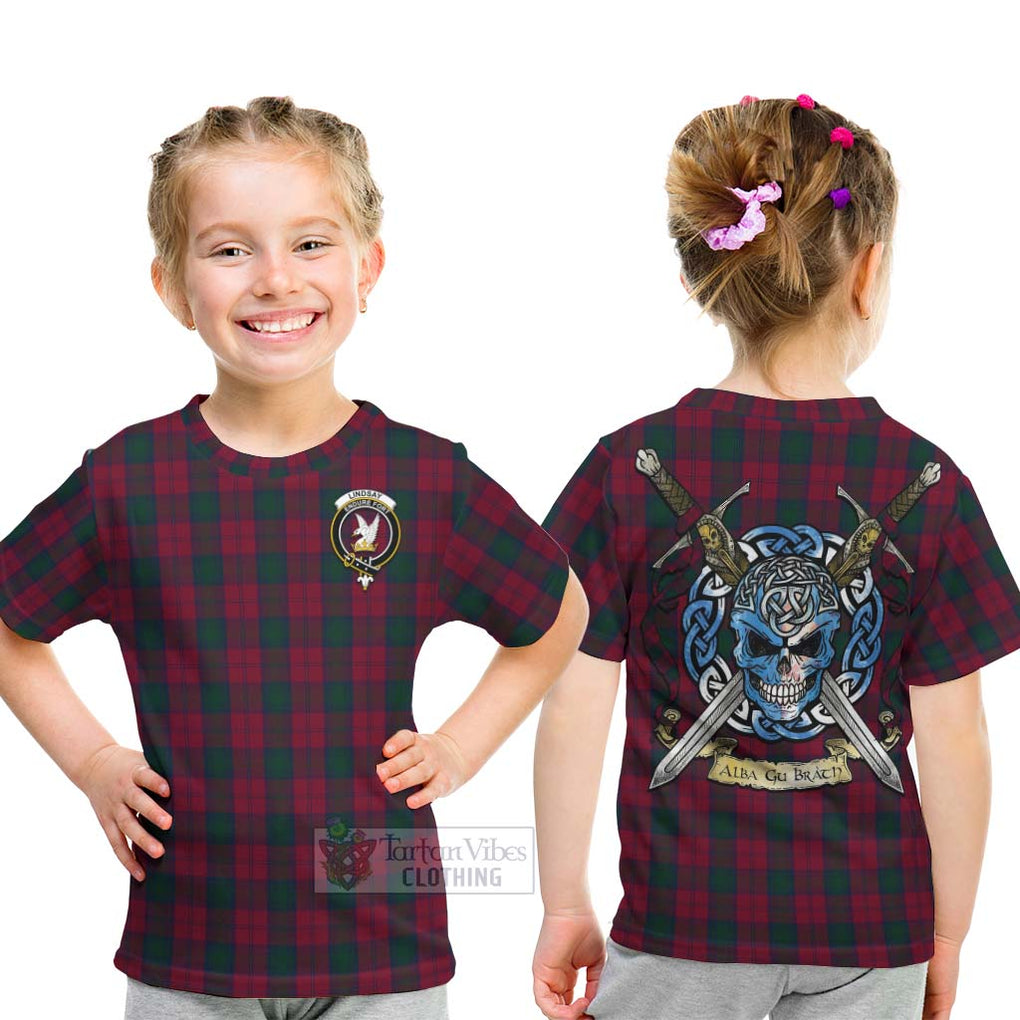 Tartan Vibes Clothing Lindsay Tartan Kid T-Shirt with Family Crest Celtic Skull Style