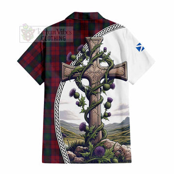 Tartan Vibes Clothing Lindsay Tartan Short Sleeve Button Shirt with Family Crest and St. Andrew's Cross Accented by Thistle Vines