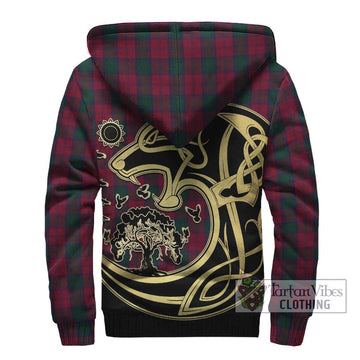 Lindsay Tartan Sherpa Hoodie with Family Crest Celtic Wolf Style