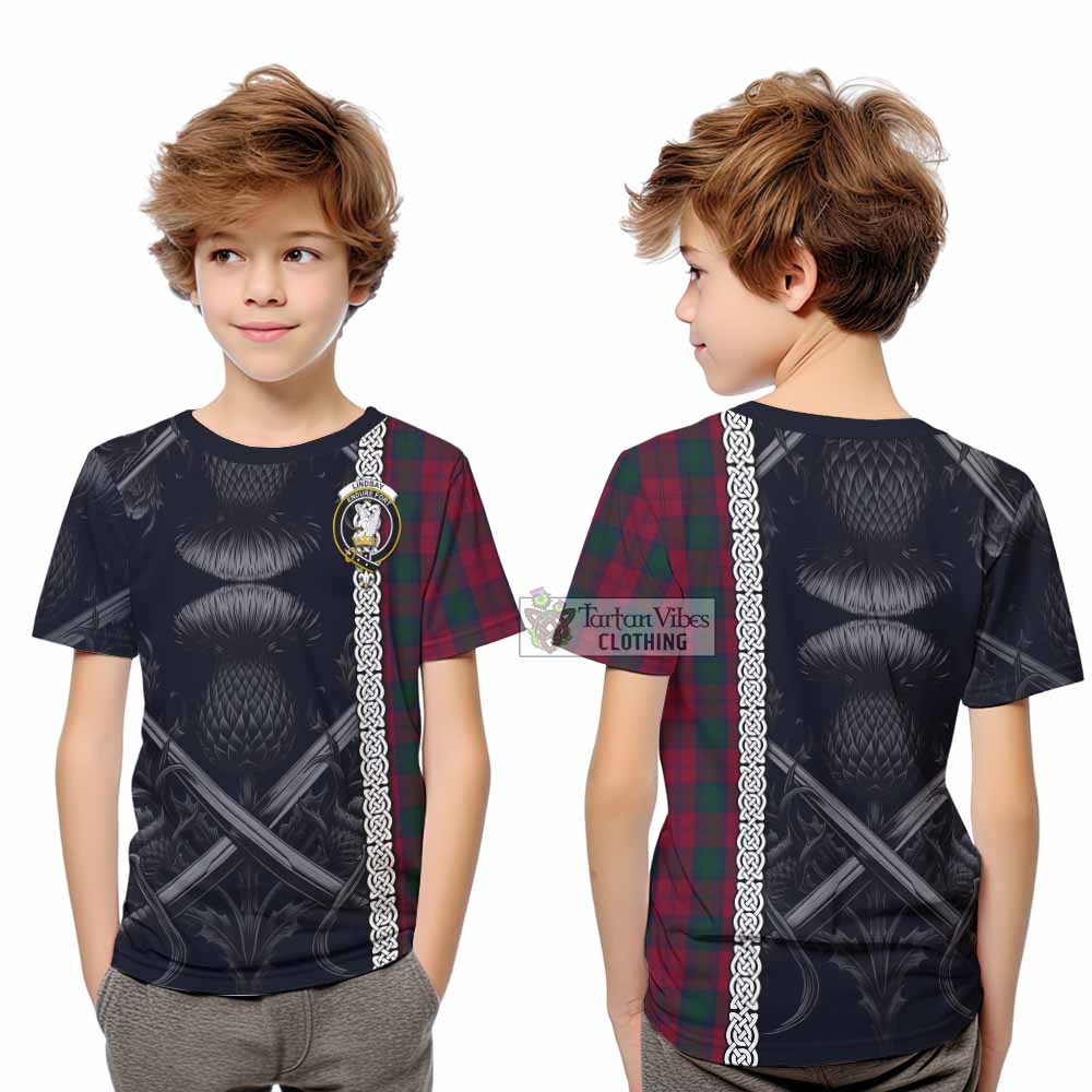Tartan Vibes Clothing Lindsay Tartan Kid T-Shirt with Family Crest Cross Sword Thistle Celtic Vibes