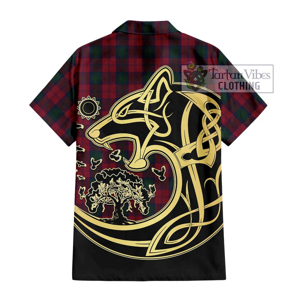 Lindsay Tartan Short Sleeve Button Shirt with Family Crest Celtic Wolf Style - Tartan Vibes Clothing