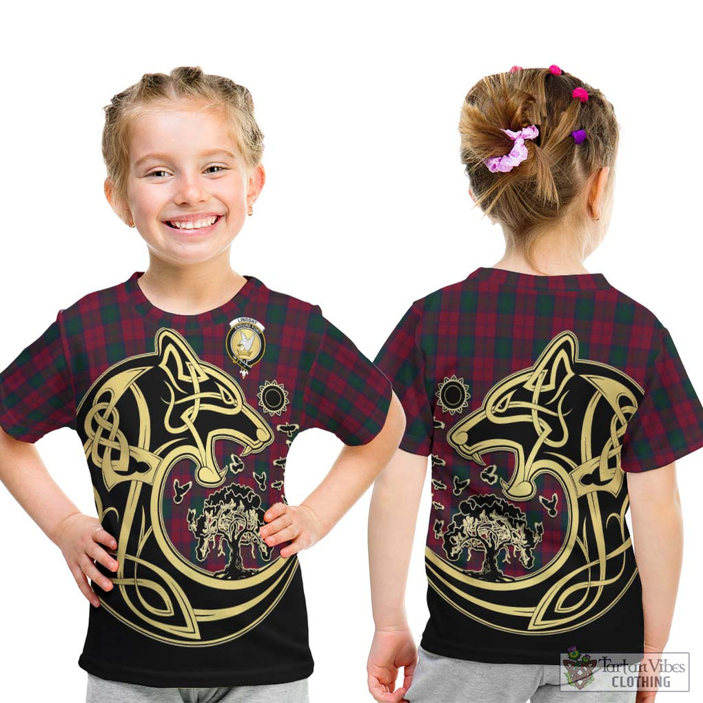 Lindsay Tartan Kid T-Shirt with Family Crest Celtic Wolf Style - Tartan Vibes Clothing