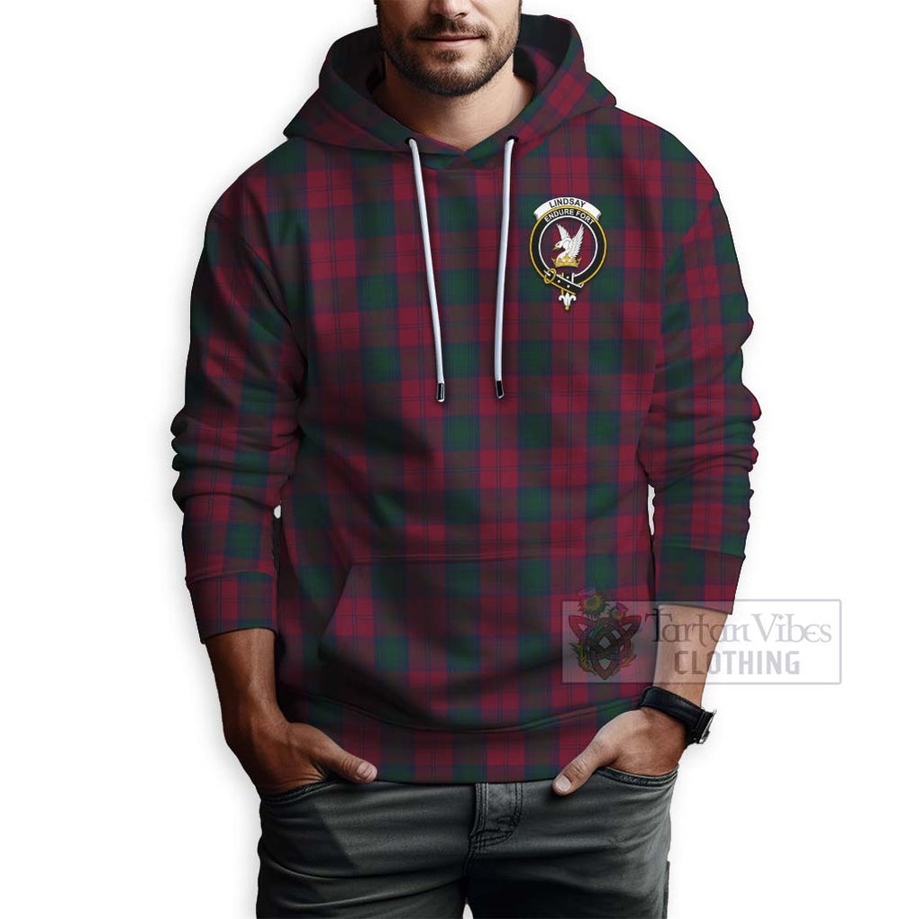 Tartan Vibes Clothing Lindsay Tartan Hoodie with Family Crest and Bearded Skull Holding Bottles of Whiskey
