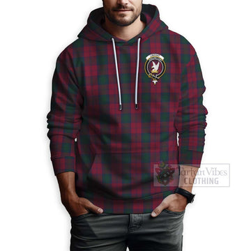 Tartan Vibes Clothing Lindsay Tartan Hoodie with Family Crest and Bearded Skull Holding Bottles of Whiskey